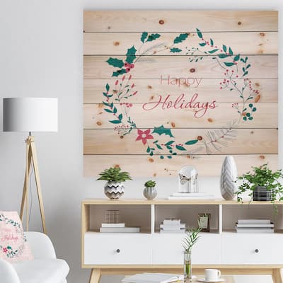 Designart 'Happy Holidays in Christmas Wreath' Print on Natural Pine Wood - Red