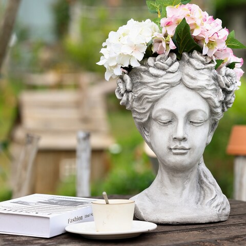Grey MgO Lady Rose Wreath Bust Head Planter - 15.35" H x 10.63" W x 9.45" D