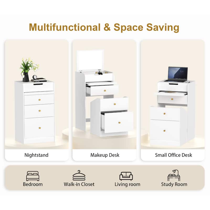 Anmytek Multifunctional Storage Unit White Vanity Desk with Mirror,Chair, Drawers for Small Spaces