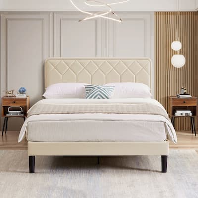 VECELO 3-Pieces Upholstered Beige Platform Bed Frame with Adjustable Headboard and Drawer Nightstands Set of 2