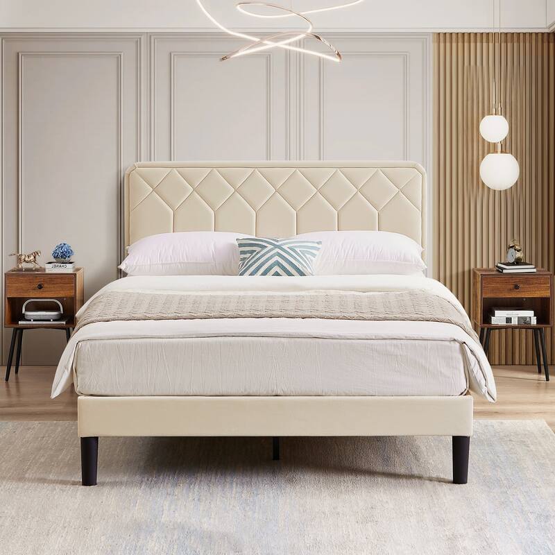 VECELO 3-Pieces Upholstered Platform Bed Frame with Adjustable Headboard and Nightstands Set of 2, Beige