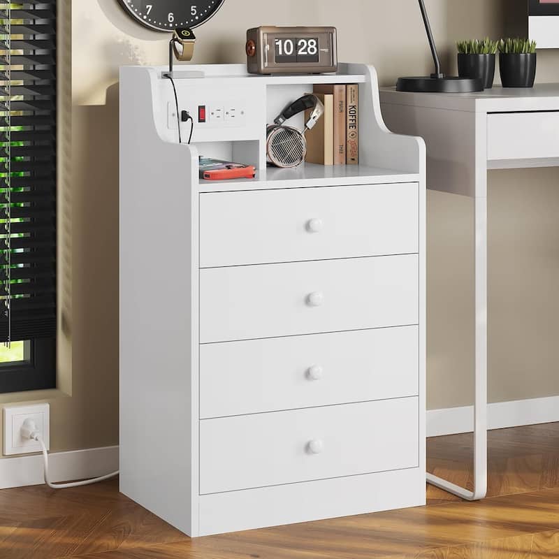 Nightstand with Drawers Charging Station End Side Table with Hutch