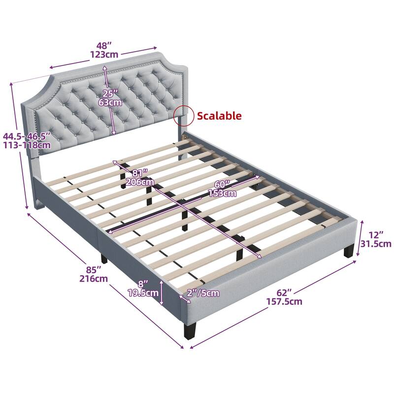 Moasis Button-Tufted Linen Upholstered Platform Bed with Adjustable Headboard