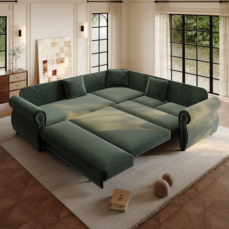 88.2" L-Shaped Sleeper Sectional Sofa with Pull-Out Bed - Chenille Convertible Couch, Nailhead Trim, for Living Room