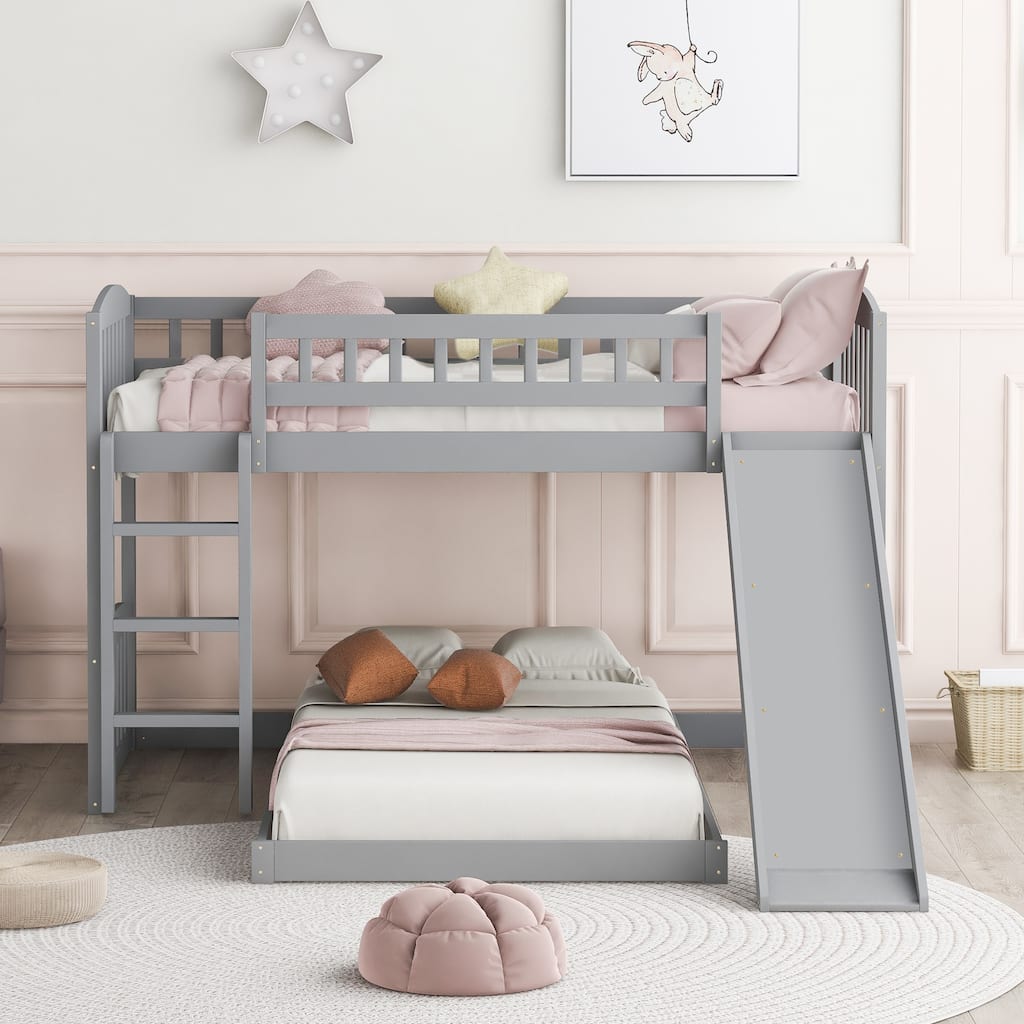 Twin Over Twin Solid Wood Bunk Bed with Slide and Ladder, Gray Pine Wood and MDF Frame Bed