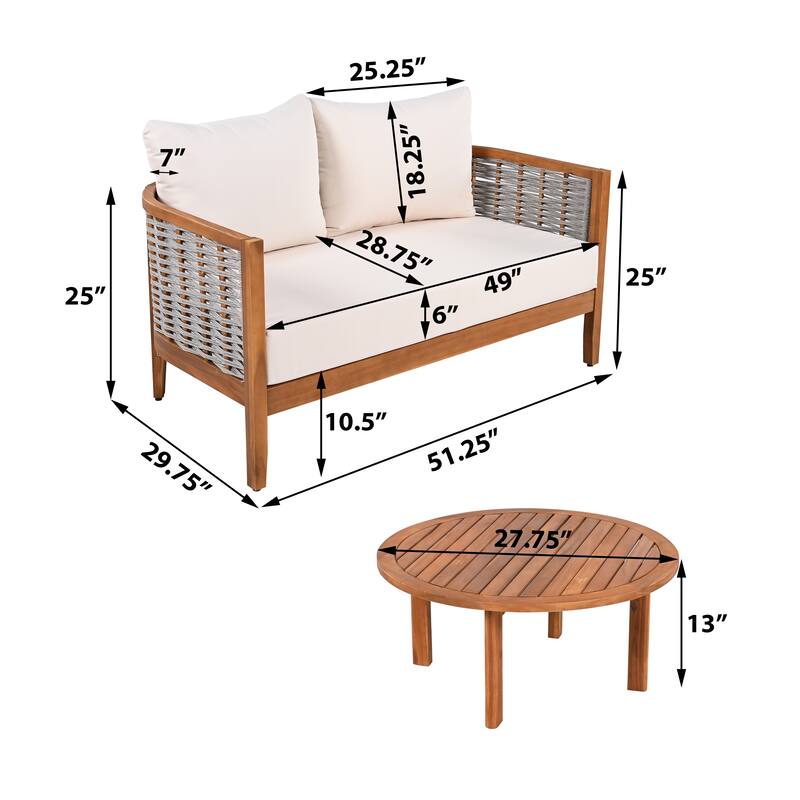 Christopher Knight Home - Aurelia Acacia Wood Outdoor Tub Design Loveseat with Woven Rope and Table Set