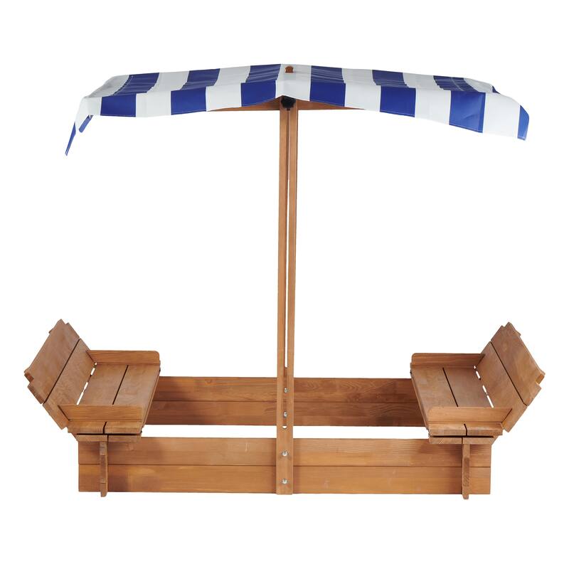 Kids Sandbox with Adjustable Cover, 46" Wooden Sand Box with 2 Foldable Bench Seats, Outdoor Sandpit for Backyard Play