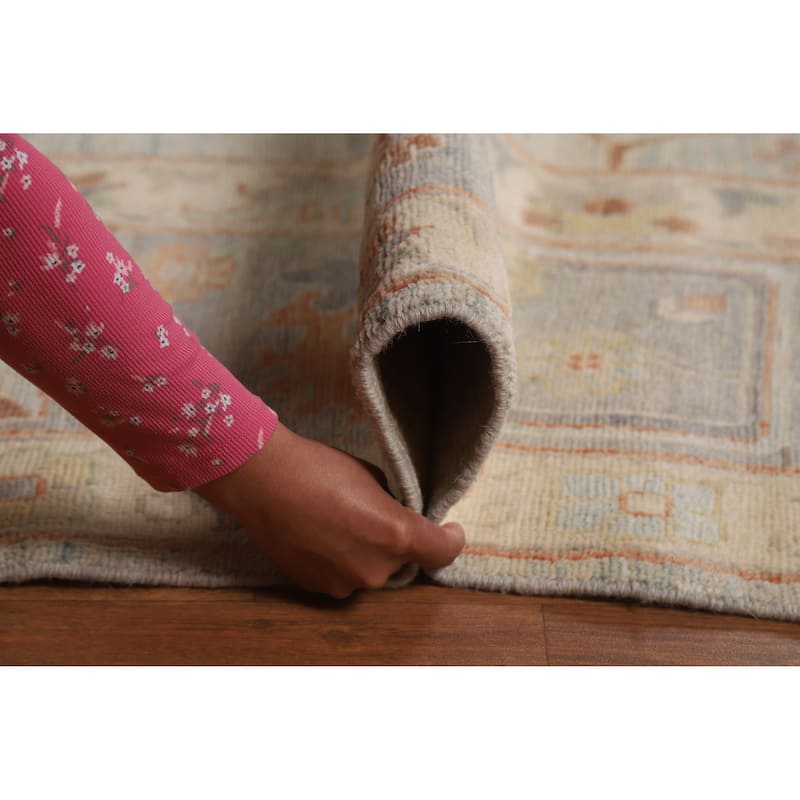 Blue Vegetable Dye Oushak Turkish Rug Hand-Knotted Floral Wool Carpet - 9'2"x 12'3"