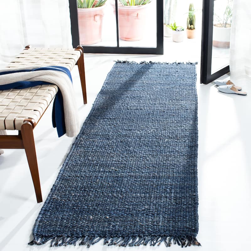 SAFAVIEH Handmade Natural Fiber Eybjorg Jute Fringe Rug - 2'6" x 6' Runner - Navy