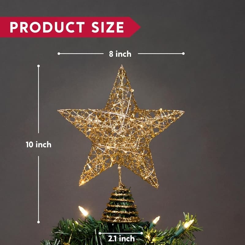 9 in Gold Glitter Star Tree Topper Metal Hallow Tree Star Lighted for Christmas Tree Decorations