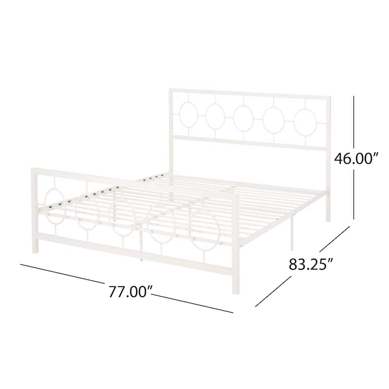 Roomfitters King Size Metal Platform Bed Frame with Headboard and Footboard, Modern Circle Design, White