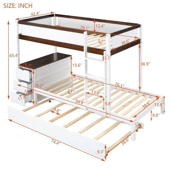 dimension image slide 2 of 6, Bunk Bed with Twin Size Trundle, Drawers and Desk