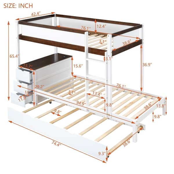 dimension image slide 1 of 6, Roomfitters Twin/Full Bunk Bed with Twin Trundle, Built-in Storage, Desk, Sturdy Wooden Frame, Functional and Space-Saving