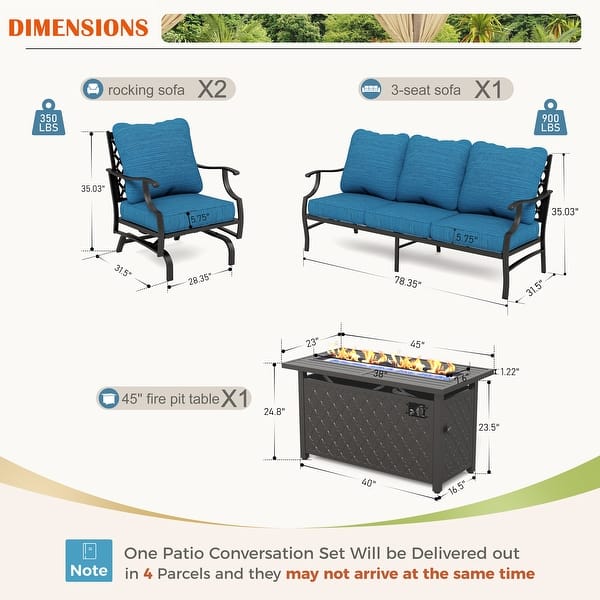 dimension image slide 7 of 19, MAISON ARTS Outdoor Sofa Set 4/6-Piece Patio Conversation Set with 45'' Gas Fire Pit Table