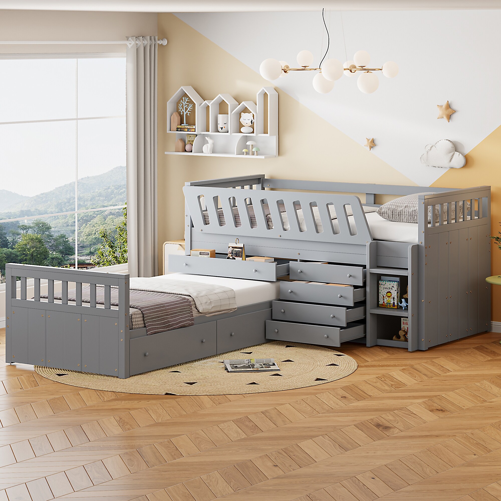 L-shaped Space-Saving Twin Loft and Twin Platform Bed with 7