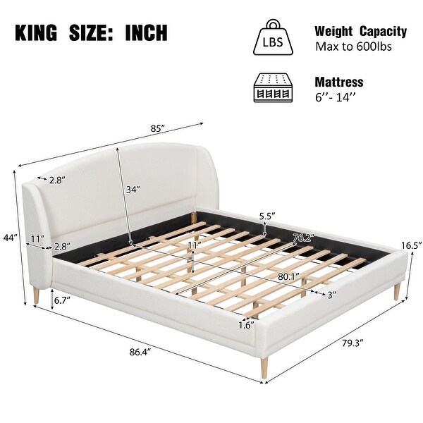 Upholstered Bed Frame With Boucle Fabric and Wingback Headboard