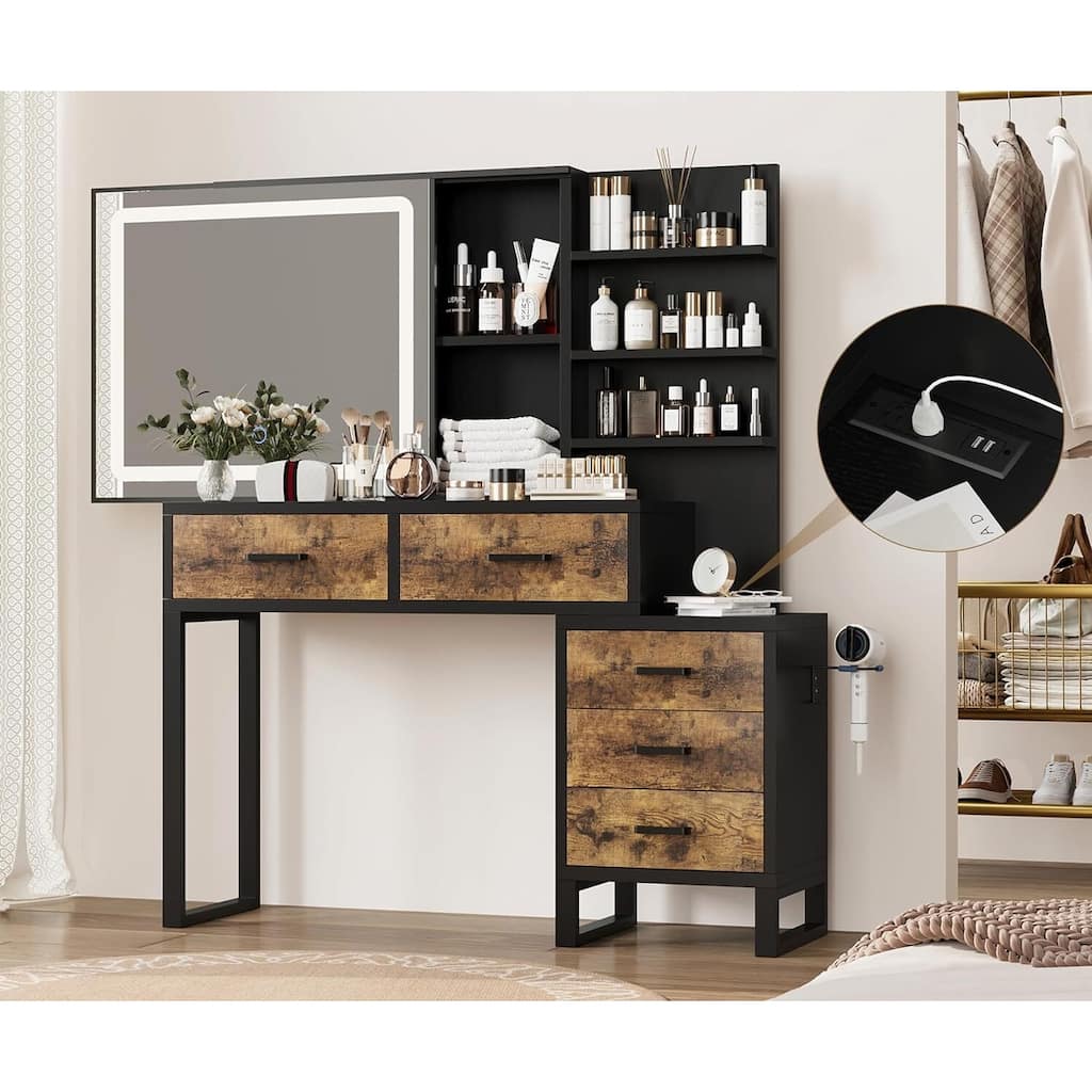 Large Makeup Vanity with Mirror Lights 5 Drawers Charging Station - Black