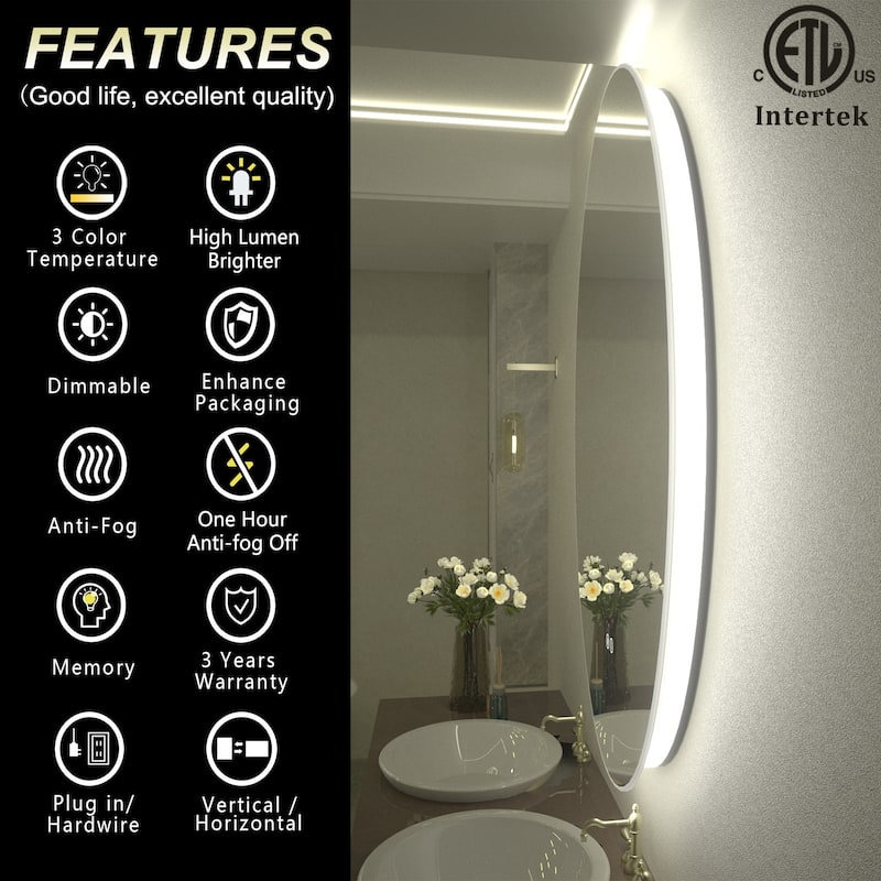KIOTEE Round Backlit LED Lighted Anti-Fog Bathroom Vanity Mirror with ETL and 3-Year Warranty