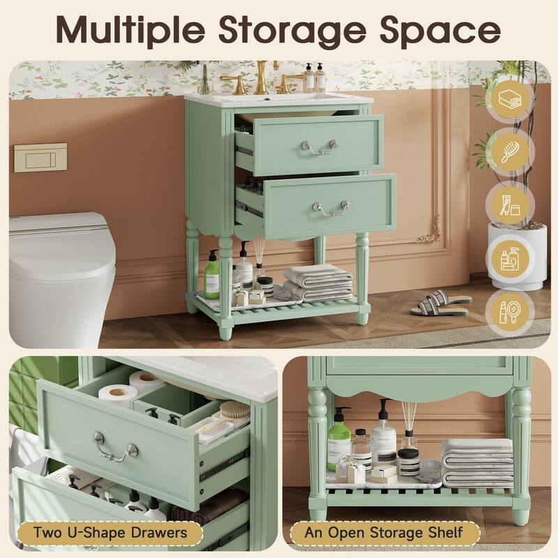 24" Bathroom Vanity with Ceramic Sink, Vintage Wave Design Cabinet with 2 Drawers and Open Shelf