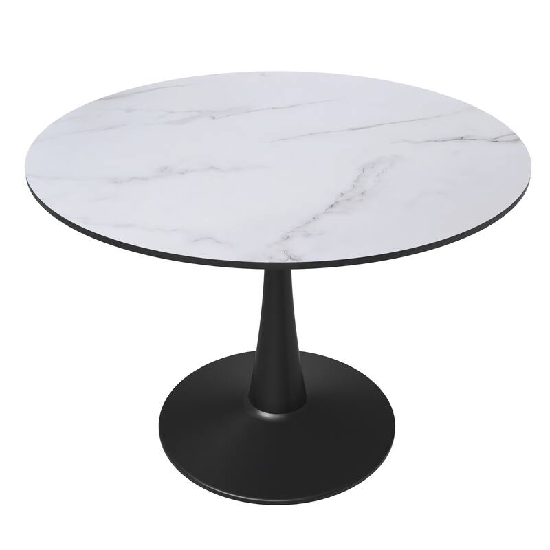 LeisureMod Bristol 40" Round Dining Table for 4 with MDF Wood Tabletop in Black Steel Base for Kitchen & Dining Room - Marbled White