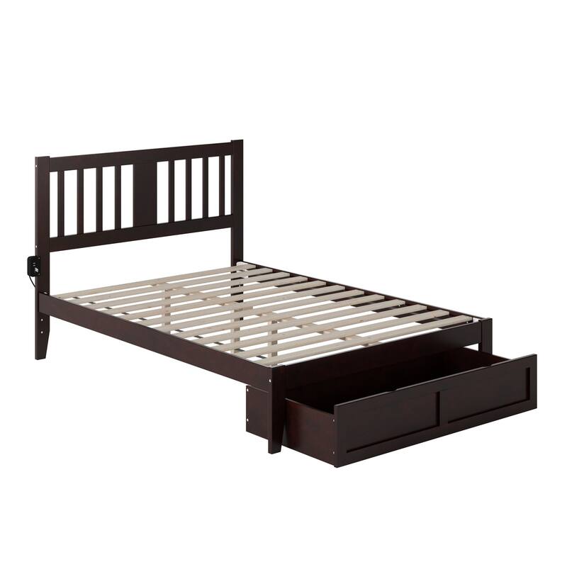Full Bed with Foot Drawer & Charging Station - Vintage Style, Espresso Finish, Solid Wood Frame