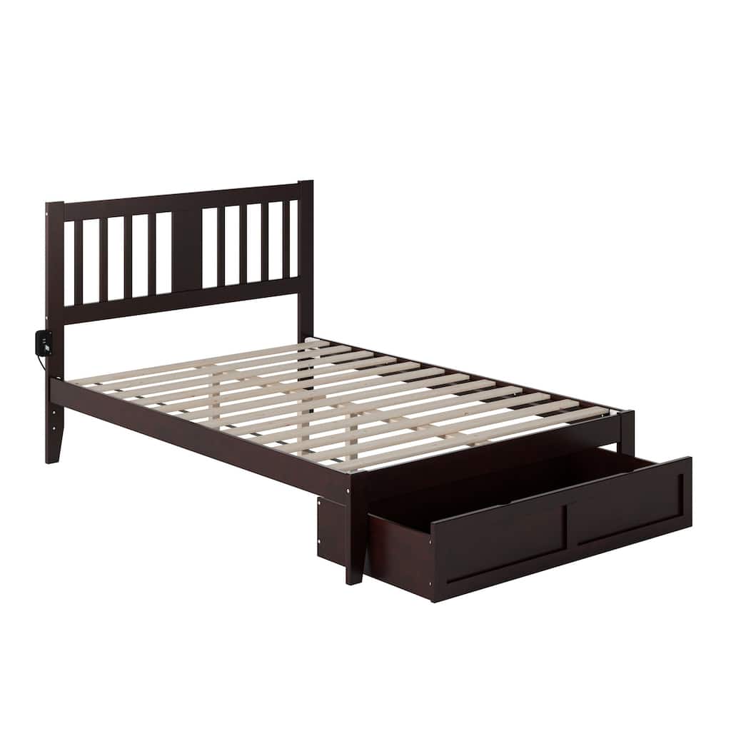 Full Bed with Foot Drawer & Charging Station - Vintage Style, Espresso Finish, Solid Wood Frame