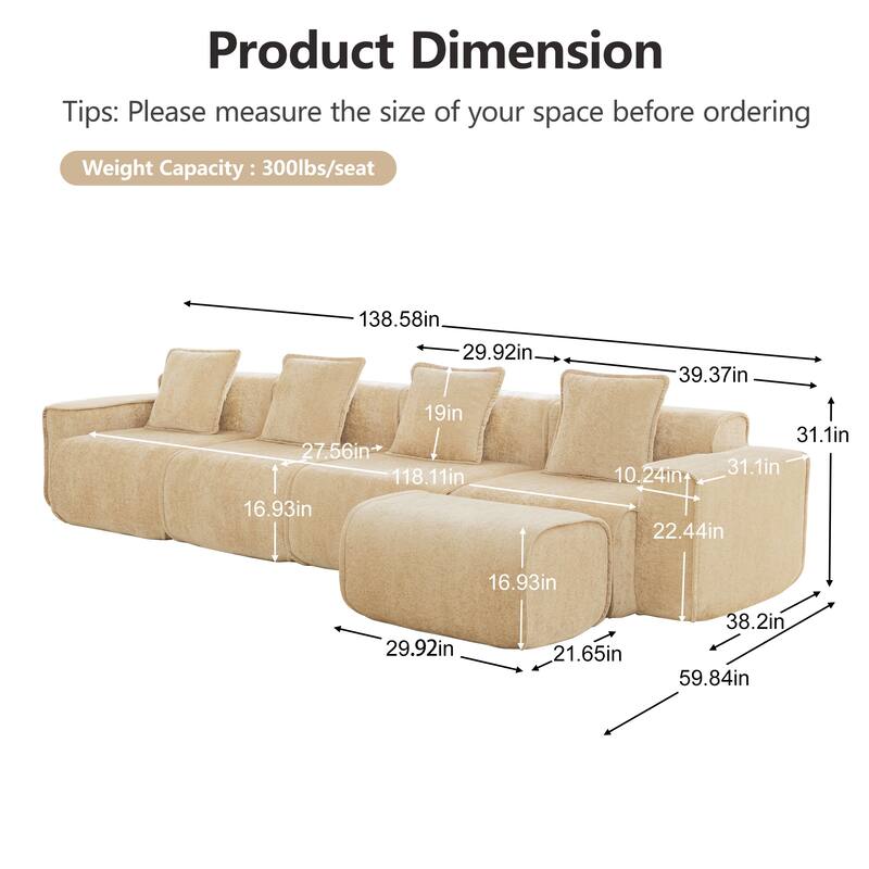 GDFStudio - Velvet Streamlined Modular 4-Seater 138.58" L-Shaped Sectional Sofa with Ottoman