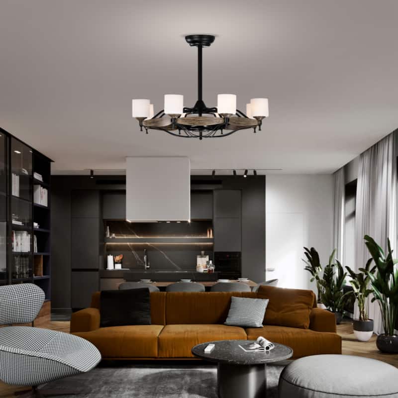 33 inch Chandelier Ceiling Fan for Bedroom Dining Room Living Room Kitchen Farmhouse Entry,Matte Black+ Wood Grain