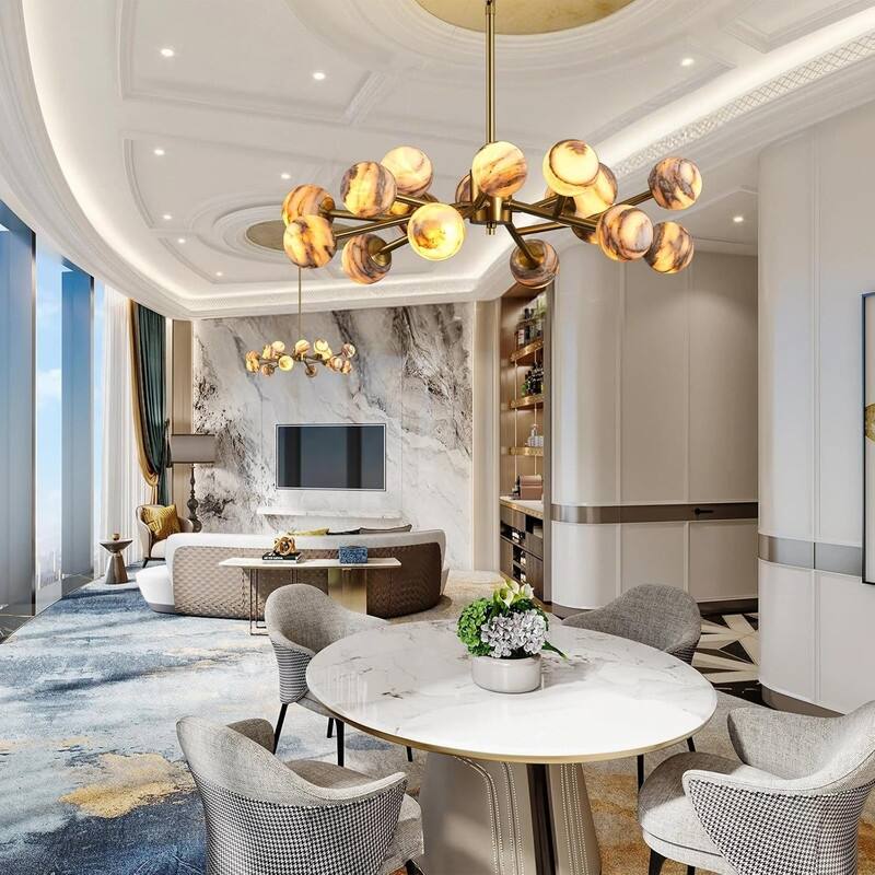 KAYLA Modern Sputnik Alabaster Chandelier, 18 Light Gold & Smoked Alabaster Globe Chandeliers