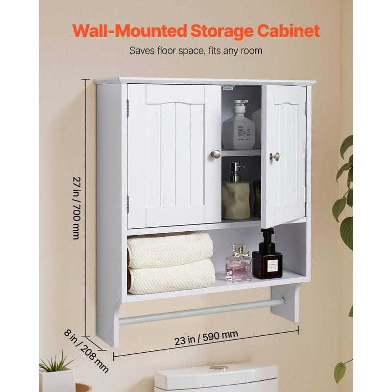 White Wall-Mounted Bathroom Cabinet with Adjustable Shelves and Multi-Layer Storage Towel Bar - 23” x 8” x 27”