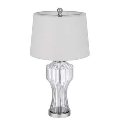 26"Tall Table Lamp with Clear Glass Cylinder Base and Fabric White Empire Shade Rotary Socket Switch - 26" H x 14" W x 14" D