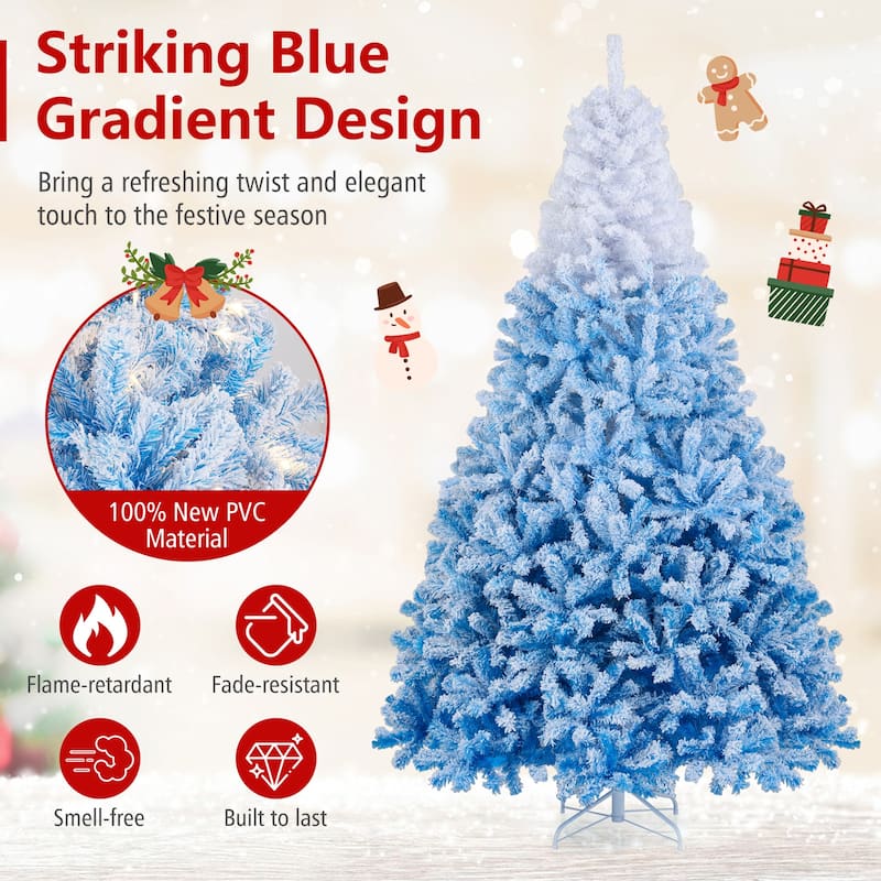 5/6/7/8 FT Pre-Lit Snow Flocked Christmas Tree Artificial Hinged Tree - Blue+White