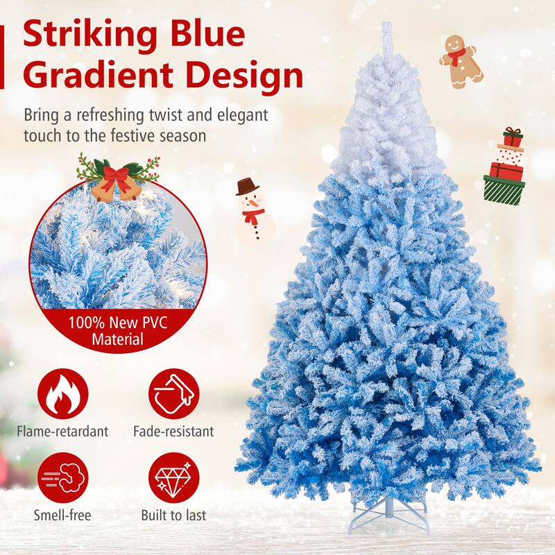 Gymax 5/6/7/8 FT Artificial Christmas Tree Hinged Snow Flocked Xmas - Blue, White