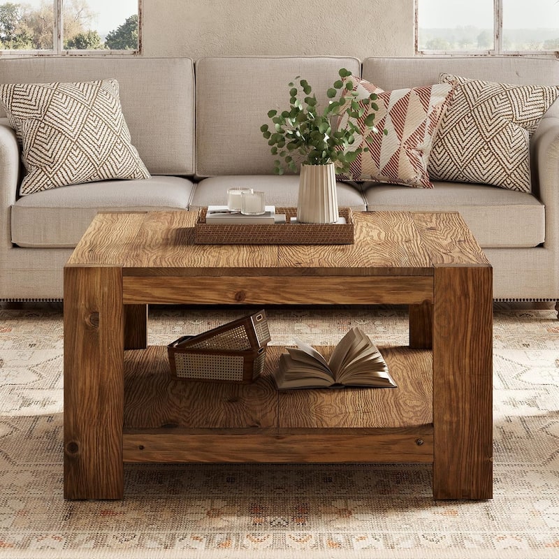 31.5" Square Farmhouse Solid Wood Coffee Table with Storage Shelf for Living Room, Small Space, Office,