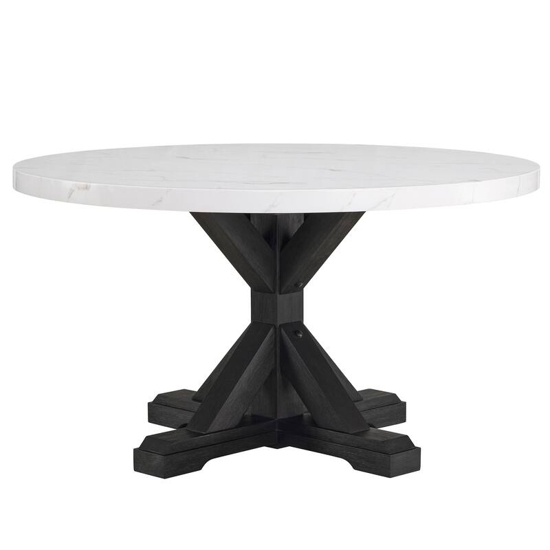 1pc Transitional Modern Formal Dining Table White Round Faux Marble Table Top Black Finish Legs Wooden Dining Room Furni