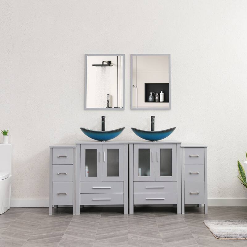 72" Bathroom Vanity Set Vessel Sink Cabinet Mirror Combo - Grey - Glass blue boat sink