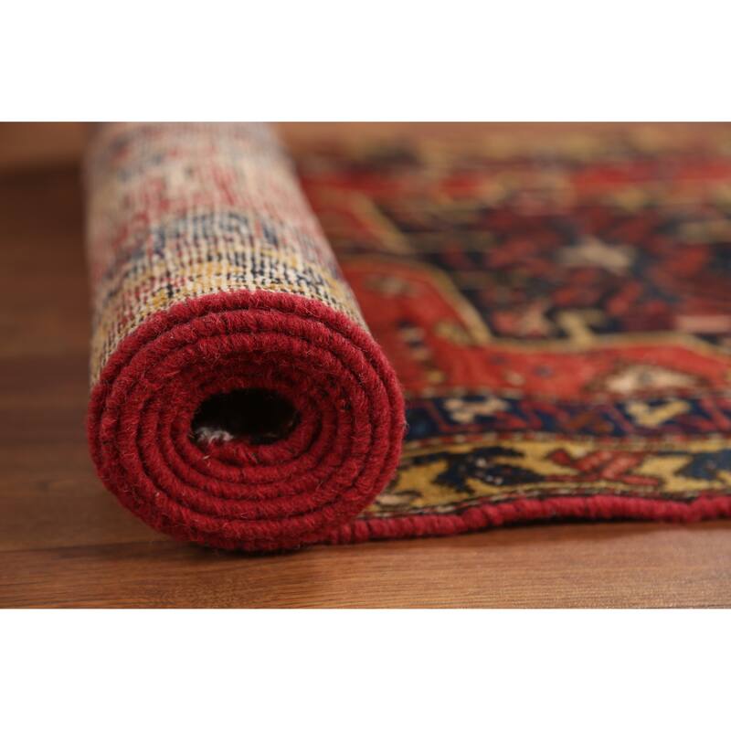 Hand Knotted Oriental 100% Wool Carpet Traditional Geometric Oranges & Rust Heriz Runner Rug - 10' 4'' X 2' 7''