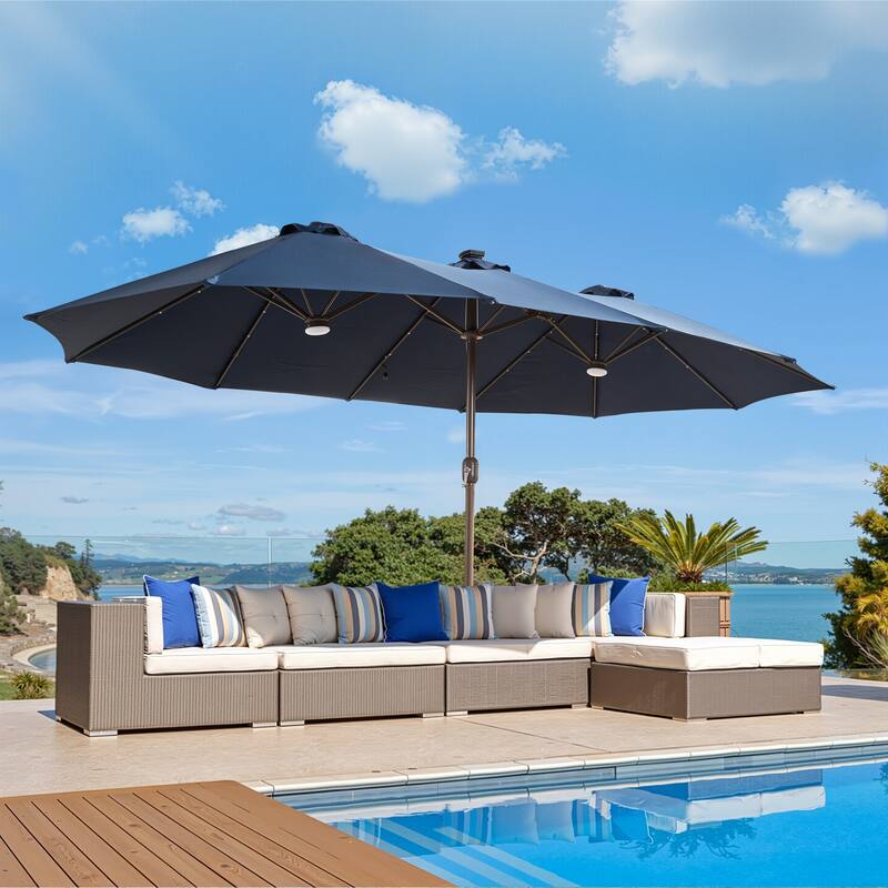 XIZZI Outdoor Patio Umbrella with Solar LED Lights and Base - Navy Blue - Warm Light