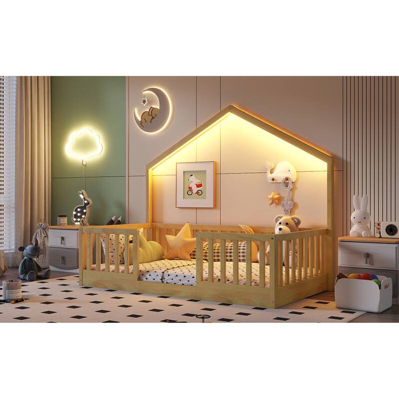 Roomfitters Twin/Full Floor Platform Bed, House Frame and LED Light with Wooden High Rails for Bedrooms or Guest Rooms