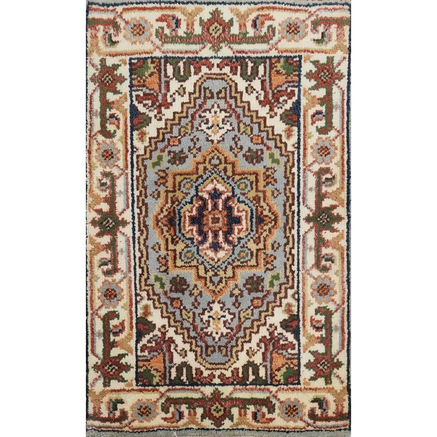 Hand Knotted Oriental 100% Wool Carpet Traditional Medallion Navy Blue & Blues Heriz (serapi) Area Rug - 3' 3'' X 2' 0''