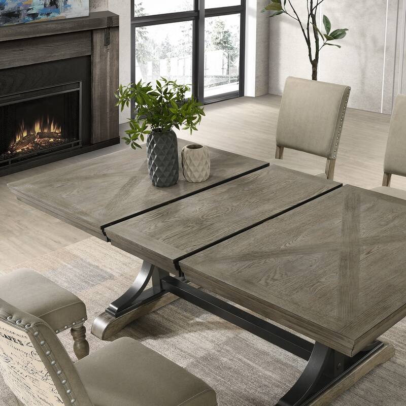 Roundhill Furniture Birmingham 7-Piece Dining Set, Extendable Table with Nailhead Chairs, Driftwood Finish