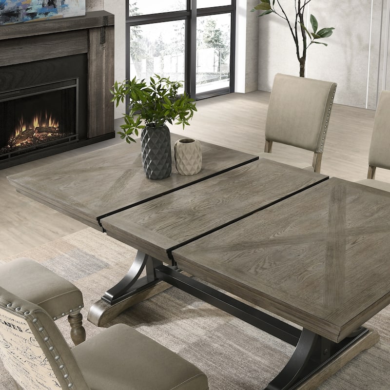 Roundhill Furniture Birmingham 9-piece Dining Set, Driftwood Finish Extendable Table with Nailhead Chairs Dining Set