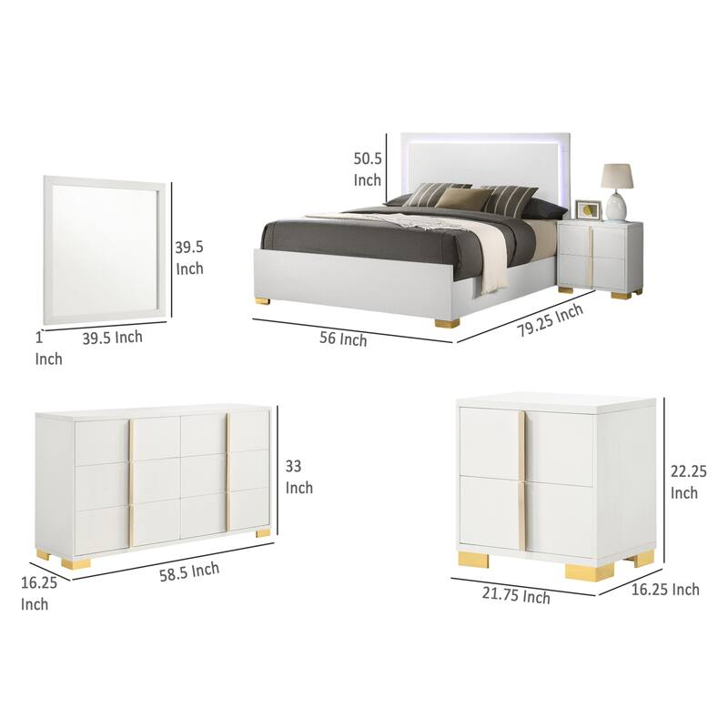 Dex 4 Piece Full Bedroom Set, White, Gold Accents, LED Headboard