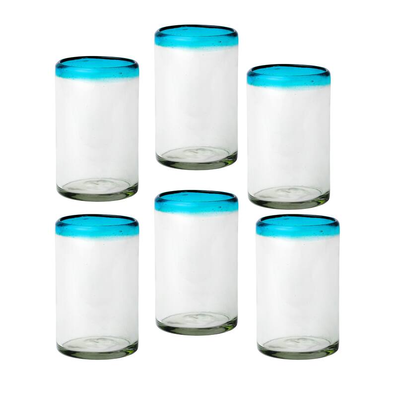 10 Strawberry Street Aqua Rim Handblown Mexican Glassware, Set of 6