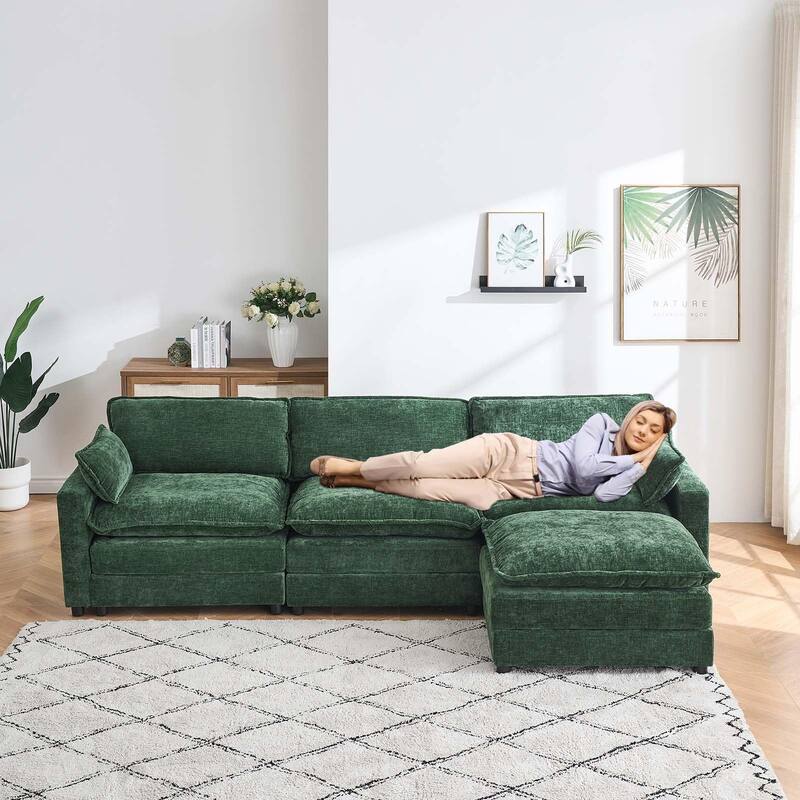 Chenille 113-Inch Modular Combo Sofa, Modern 3-Seater L-Shaped Sofa with Ottoman, 2 Cushions, Side Pockets