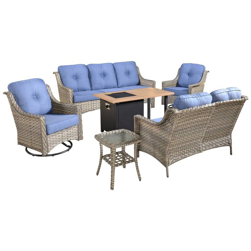 HOOOWOOO 6-piece Wicker Outdoor Conversation Set Swivel Chairs with Fire Pit