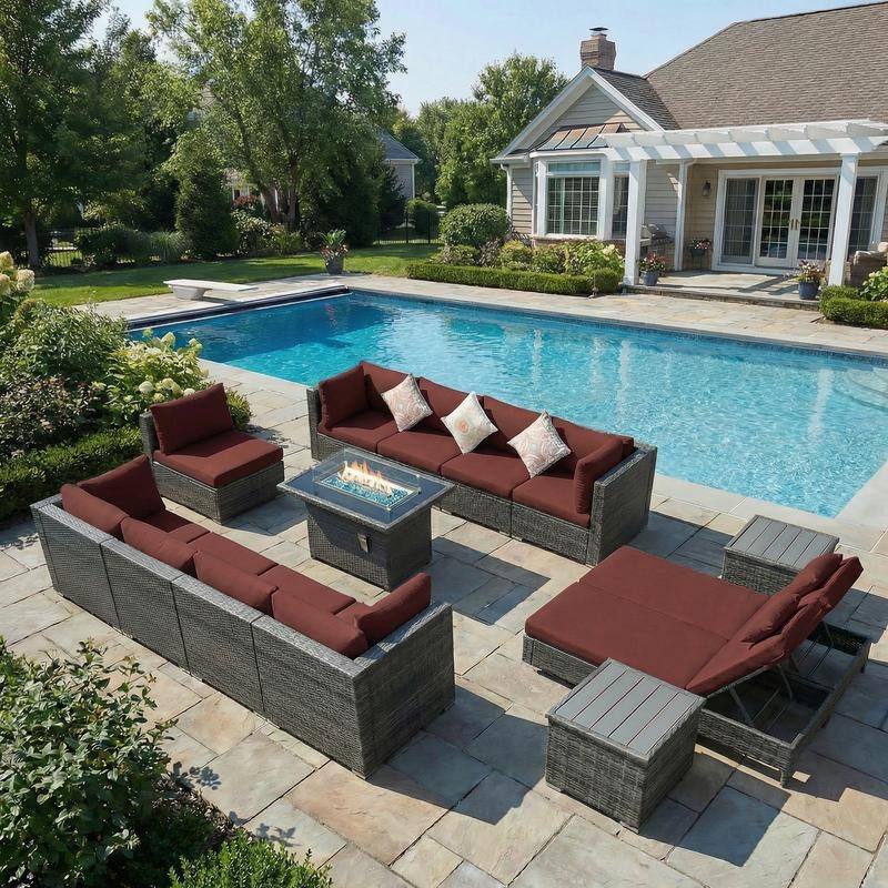 Outdoor Sectional Conversation Set PE Wicker with Double Chaise Lounge, 60,000 BTU Fire Pit Table - 12-Piece/Table - Red