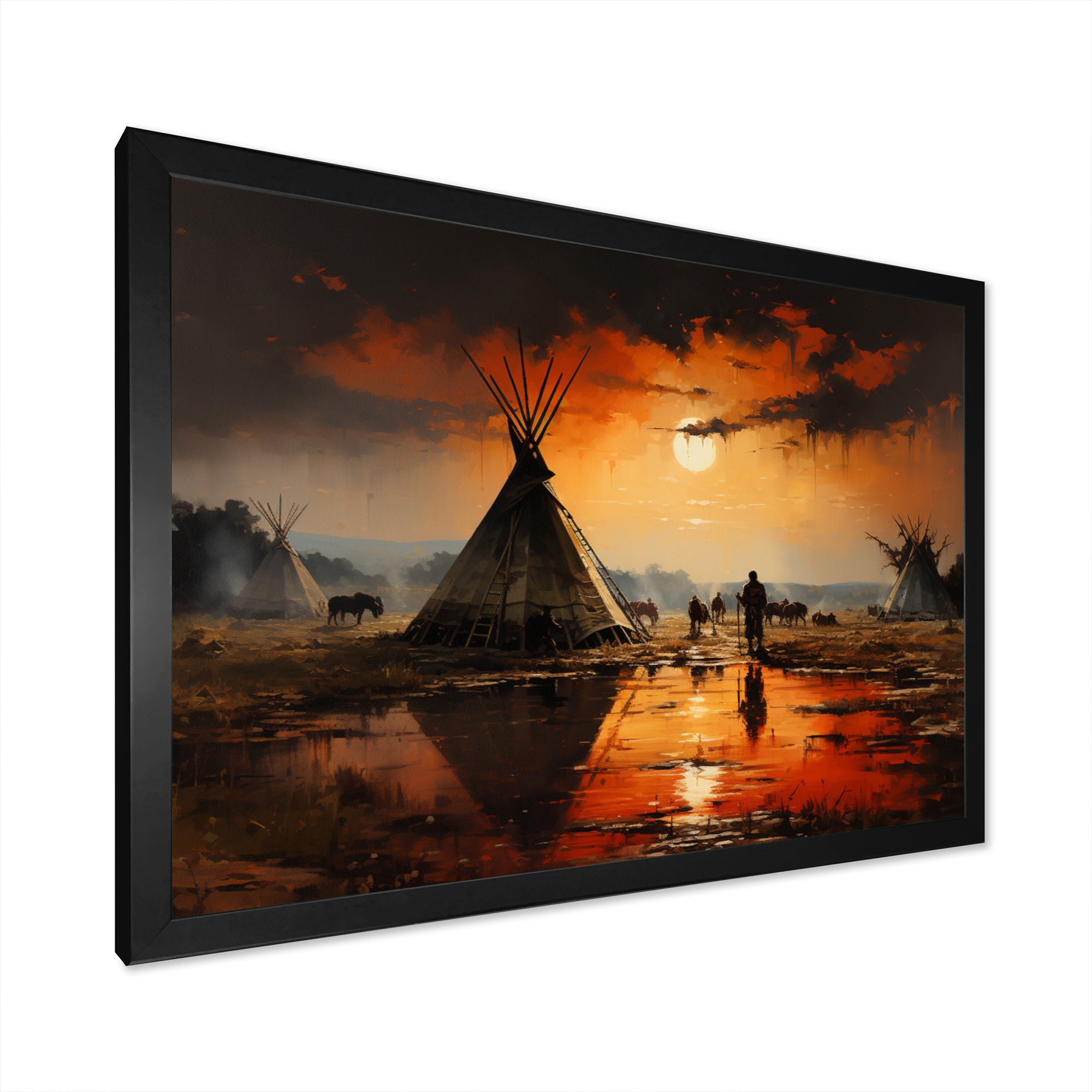 Designart Orange Native Tipi Embracing Tradition II Native American Art Framed Wall Decor Gold 20 in. wide x 12 in. high