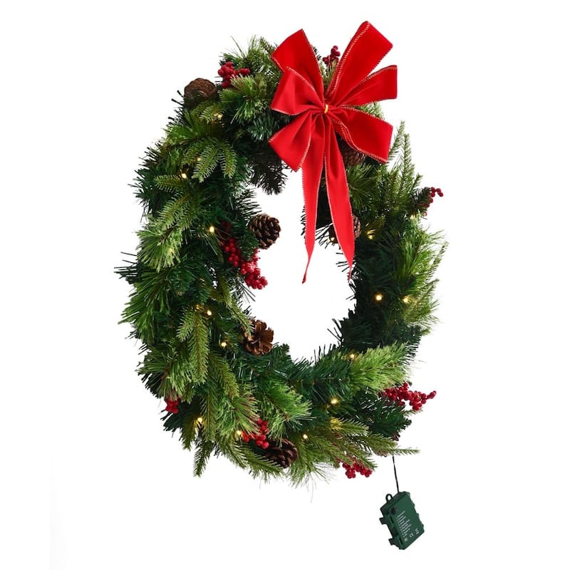 24 Inch Pre-Lit Christmas Wreath Battery Operated Green Holiday Decoration with LEDs Timer - 24 x 24 x 6.3 in