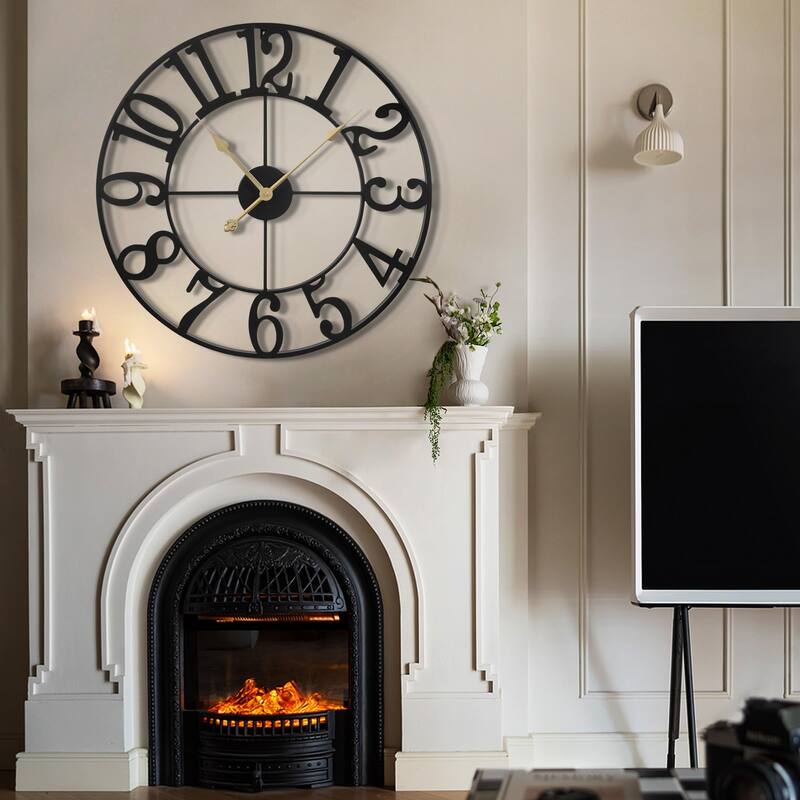 Large Wall Clock, Silent Non-Ticking, Battery Operated 24-Inch Metal Clock, Oversized, Decorative Retro Clock for Farmhouse